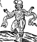 Drawing of Will Kempe, 1599, dancing a morris.  Kempe created the part of Dogberry.