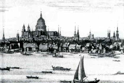 An engraving of the city seen from the South Bank in the 18th Century
