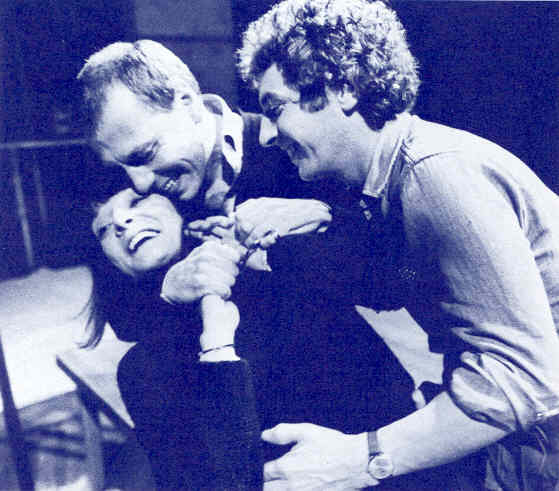 Jane Lapotaire, Kenneth Cranham, James Hazeldine in rehearsal, Kick for Touch, Cottesloe, 1983