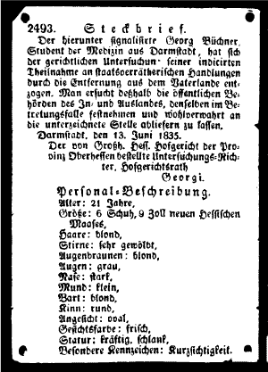Wanted poster for Georg Büchner