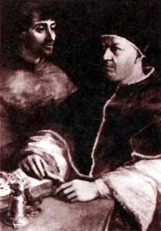 Pope Leo X with his nephew Cardinal Medici, from a painting by Raphael (Pitti Palace, Florence)