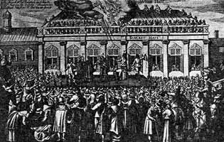 The Execution of Charles I in Whitehall, 1649.  Engraving from a contemporary Dutch news-sheet